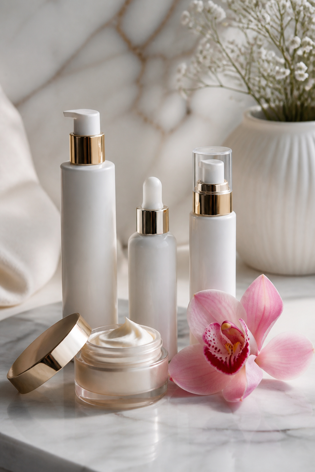 Skincare bottles and orchid